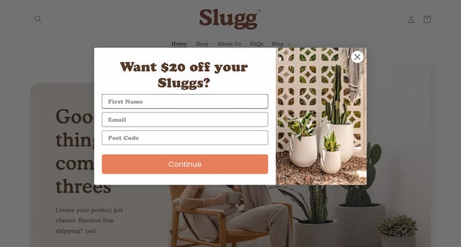 website pop up examples: slugg