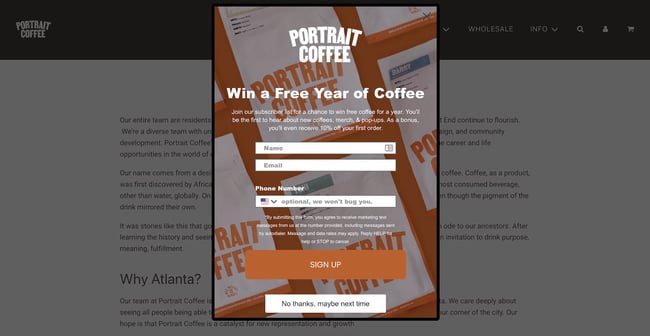 website pop up examples: portrait coffee
