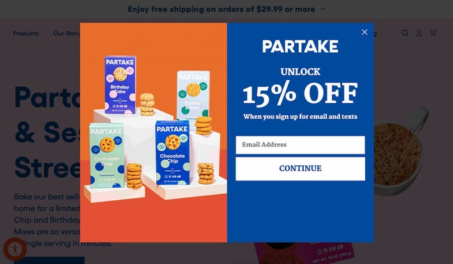 website pop up examples: partake foods
