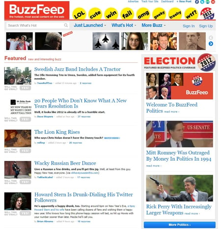 Websites over the past decades, BuzzFeed homepage in 2012