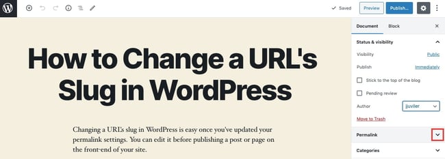 Clicking permalink dropdown menu in WordPress Gutenberg editor to change slug