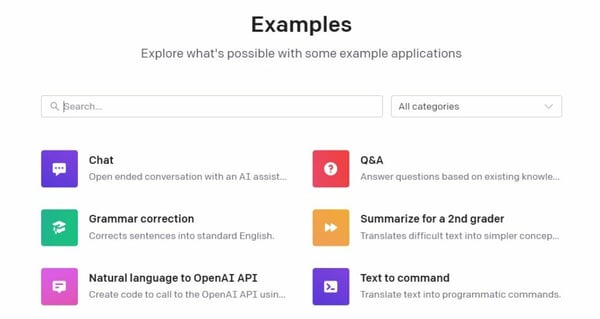 gpt-3 چیست؟  نمونه هایی از کاربردها: چت، تصحیح دستور زبان، زبان طبیعی به OpenAI API، پرسش و پاسخ، خلاصه برای دانش آموز کلاس دوم، متن به دستور.
