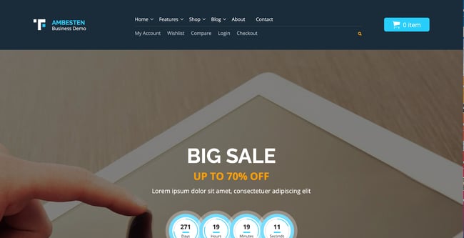 Ambesten WordPress Marketplace theme homepage featuring the tagline, computer screen, and example of the the theme layout