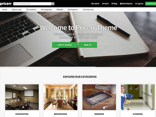 Pricerr WordPress Marketplace theme homepage featuring the tagline, computer screen, and example of the the theme layout
