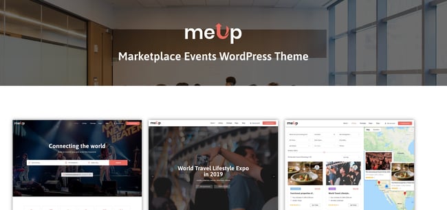 Meup WordPress Marketplace theme homepage featuring the tagline, computer screen, and example of the the theme layout