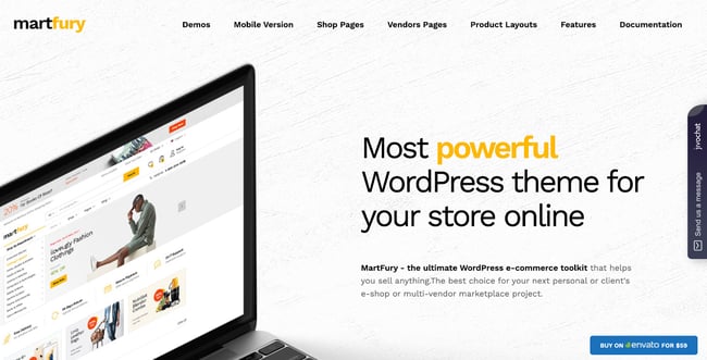 Martfury WordPress Marketplace theme homepage featuring the tagline, computer screen, and example of the the theme layout