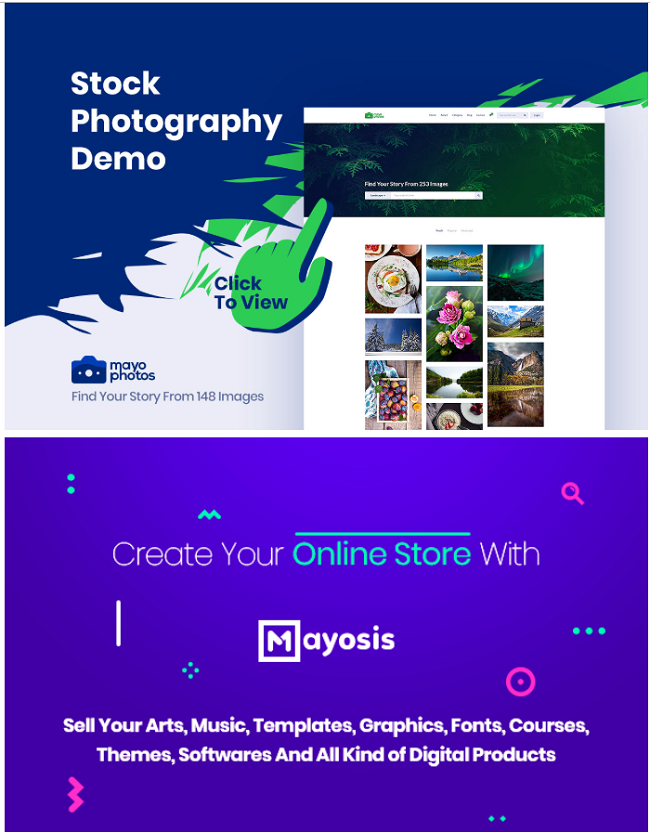 Mayosis WordPress Marketplace theme homepage featuring the tagline, computer screen, and example of the the theme layout