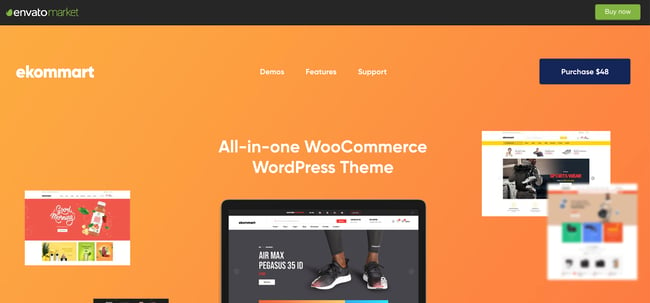 Ekommart WordPress Marketplace theme homepage featuring the tagline, computer screen, and example of the the theme layout