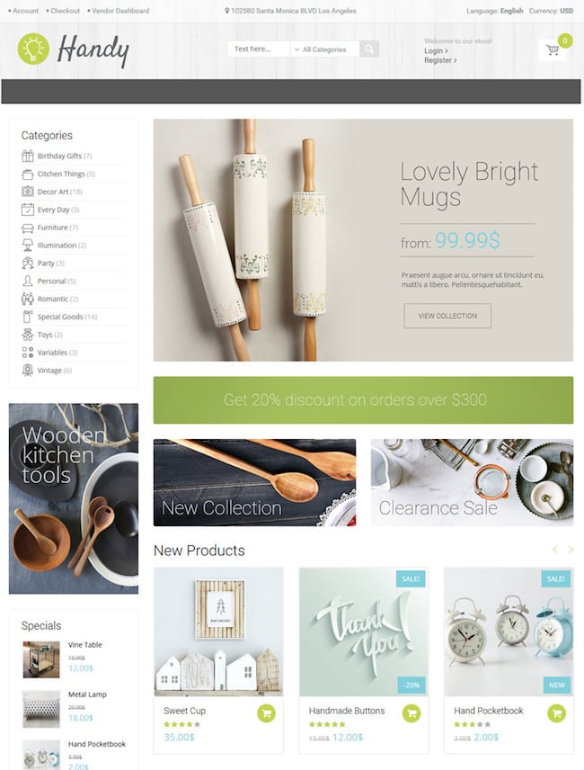 Handy WordPress Marketplace theme homepage featuring the tagline, computer screen, and example of the the theme layout