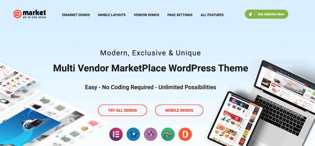 eMarket WordPress Marketplace theme homepage featuring the tagline, computer screen, and example of the the theme layout