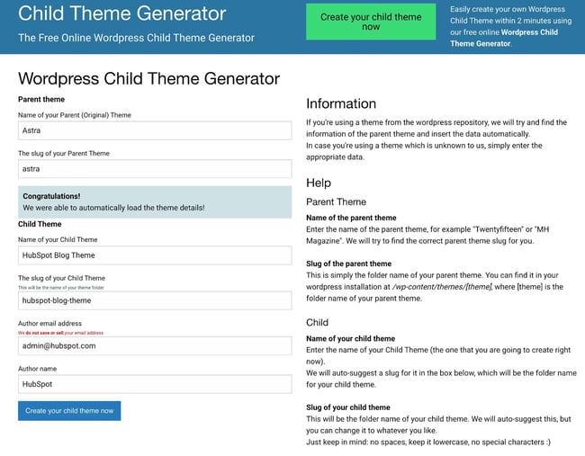 wordpress child theme browser generator