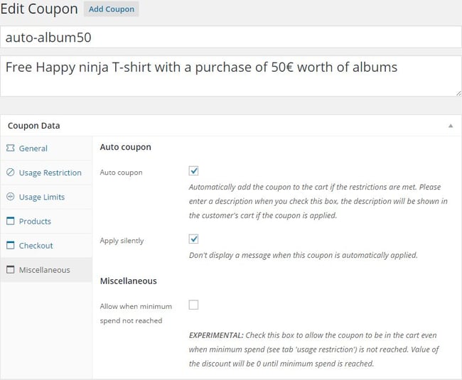 WordPress coupon plugin: Woocommerce Extended Coupon plugin dashboard