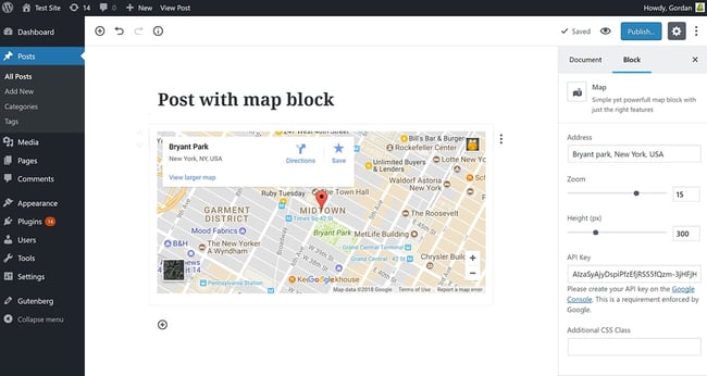 the wordpress post editor with a map block inserted
