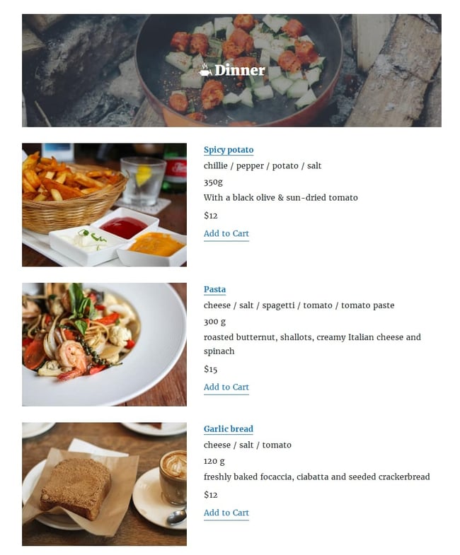 WordPress Restaurant Menu Plugins: WordPress restaurant menu lists three dinner options with ingredients and price