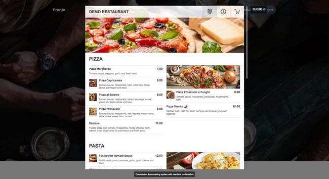 WordPress Restaurant Menu Plugins: Restaurant menu shows pizza and pasta with images and prices