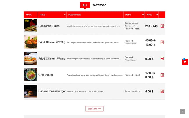 WordPress Restaurant Menu Plugins: WP Food menu lists menu items with price and add to cart button