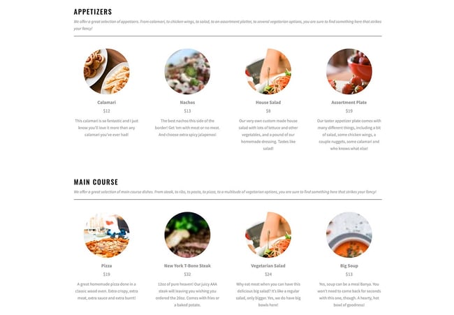 WordPress Restaurant Menu Plugins: Five Star Restaurant Menu with appetizers and main course sections