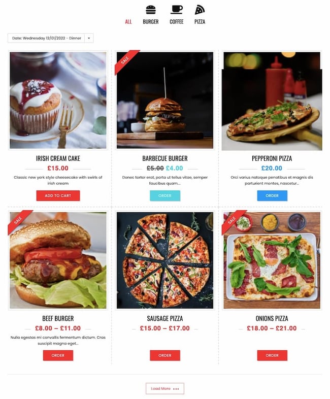 WordPress Restaurant Menu Plugins: WooCommerce Food menu shows items in grid layout