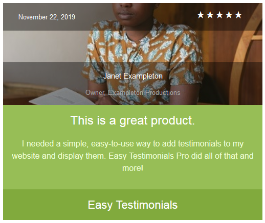 Easy Testimoninals template example with star rating and photo