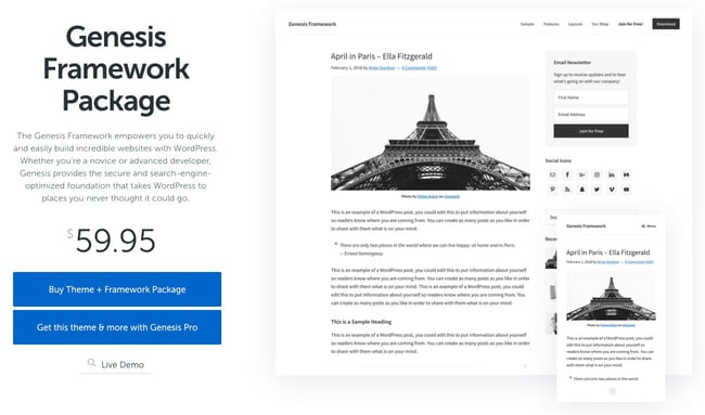 product page for the wordpress theme framework genesis