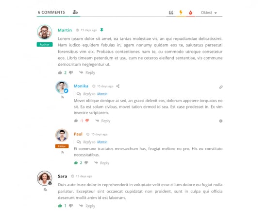 a sample comment thread in the wpdiscuz wordpress comments plugin