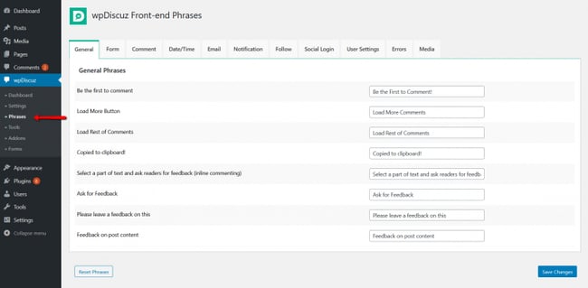 phrases dahboard interface of the wpdiscuz wordpress comments plugin