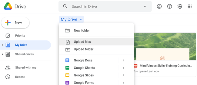 Google Drive homepage to share large files