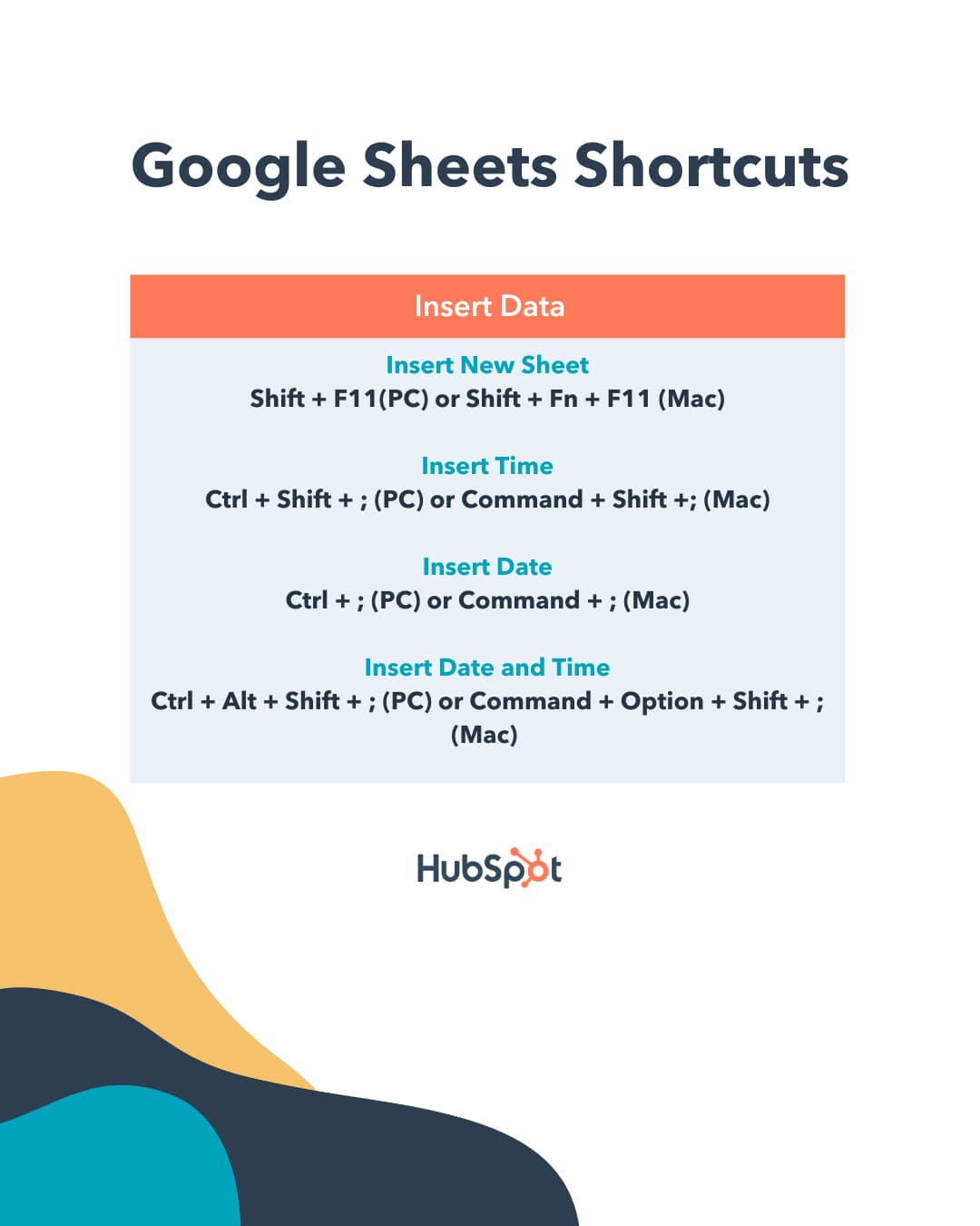 Use Google Spreadsheets shortcuts to insert a new sheet, insert time, insert date, and insert date and time 