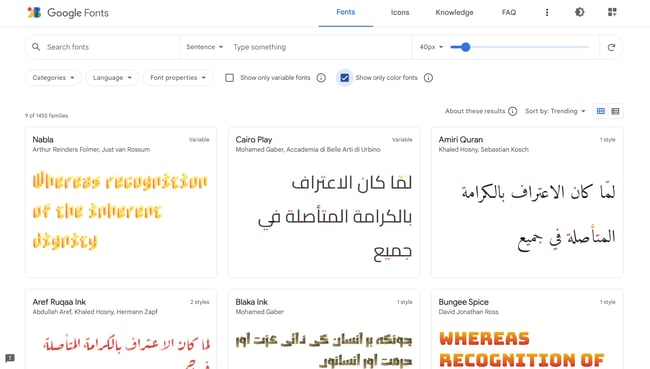 Google Color Fonts Collection: Image shows the fonts that appear when you select 'Show only color fonts' on Google. 