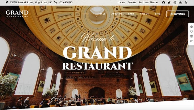restaurant wordpress themes: Grand Restaurant demo features large background image with centered logo