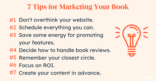 Graphic of 7 tips for marketing your book