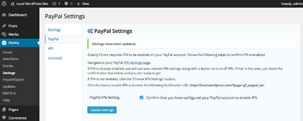 enabling paypal settings in wordpress plugin for gravity forms with paypal addon