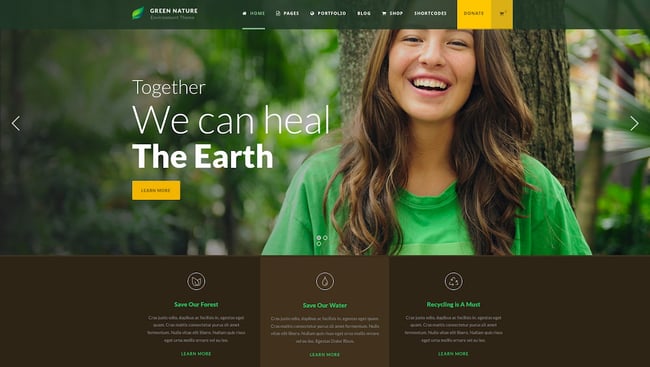 best eco-friendly WordPress themes: Green Nature demo with headline that says we can heal the earth