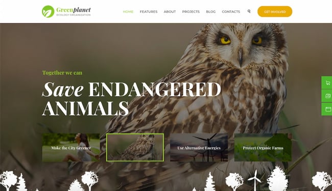 best eco friendly wordpress themes: Green Planet demo with headline to save endangered animals