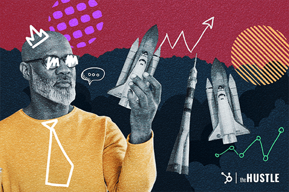 Equity in Business: A man holds a rocket with upward graphs in the background.