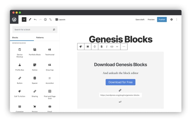 Gutenberg editor with Genesis Blocks including device mockup and portfolio blocks