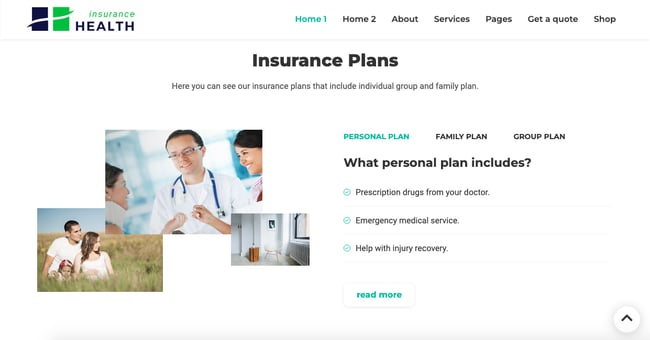 best wordpress health theme: Health insurance demo features tabbed insurance section