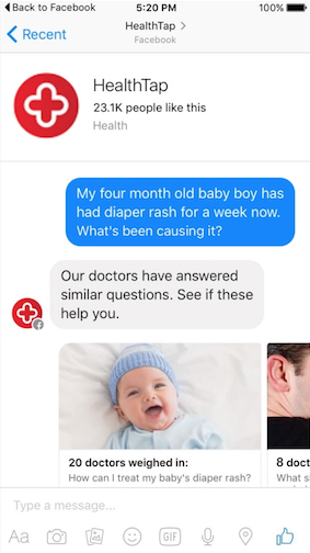 Conversation with the Facebook Messenger bot of Healthtap