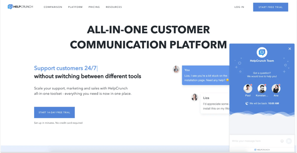 HelpCrunch's live chat app in action on their company website