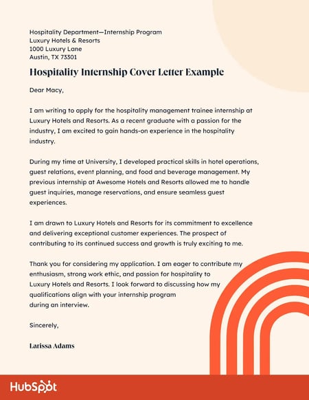 Hospitality Internship Cover Letter Example