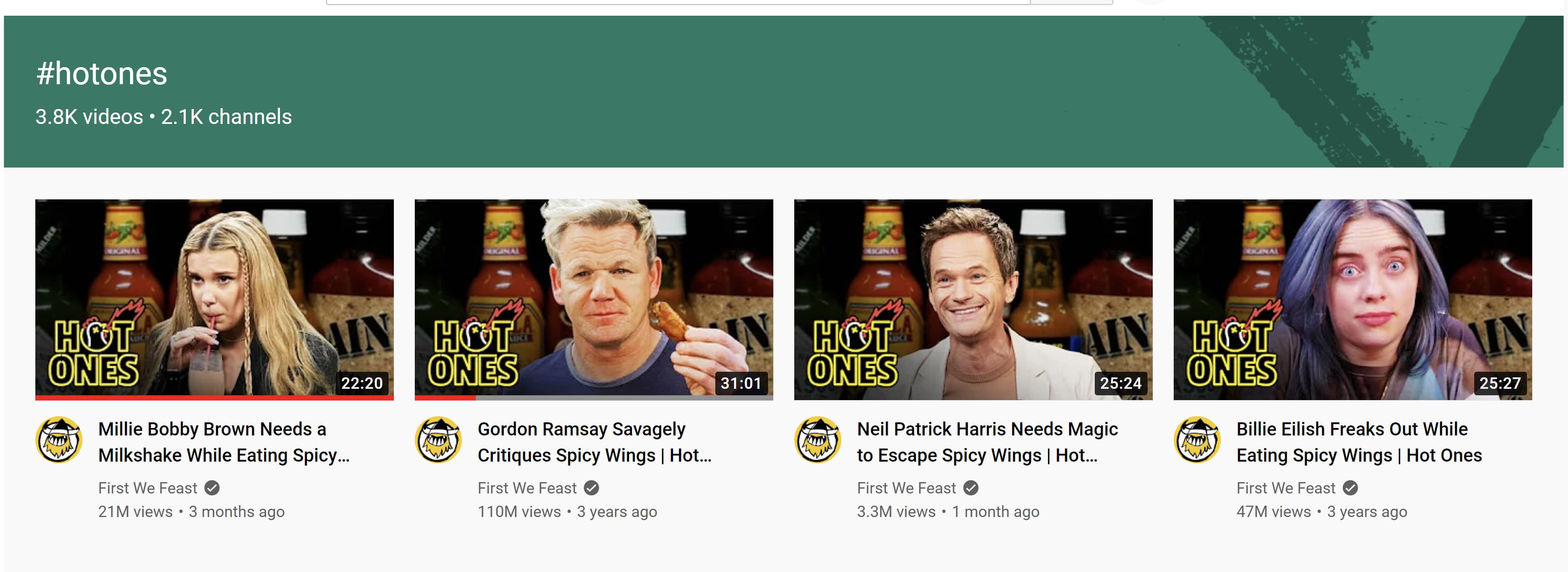 The YouTube hashtag #hotones takes users to a page of videos that use the hashtag