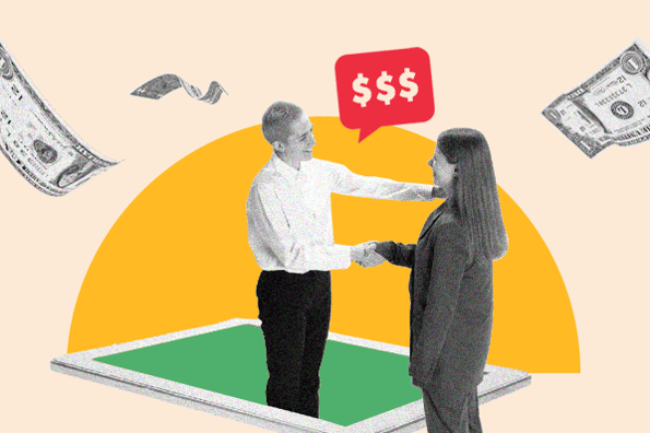 Two people talk about pricing and shake hands