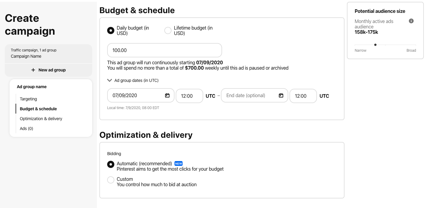 budget, schedule, and deliver pinterest ads