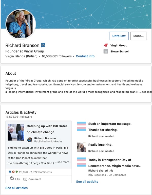Richard Branson's LinkedIn profile