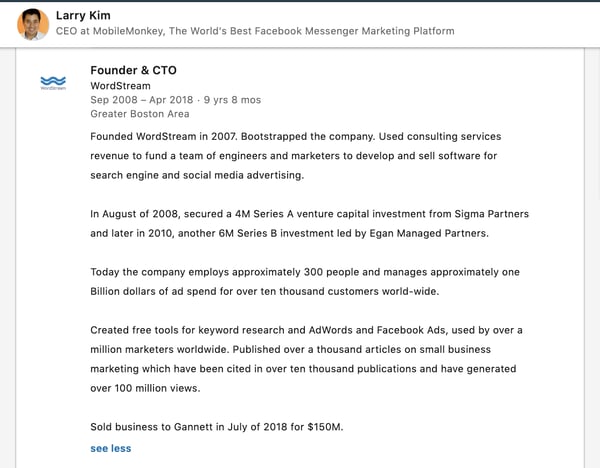 Larry Kim's job description on LinkedIn