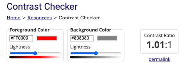 Contast Checker tool shows 1:1 ratio of red and gray background