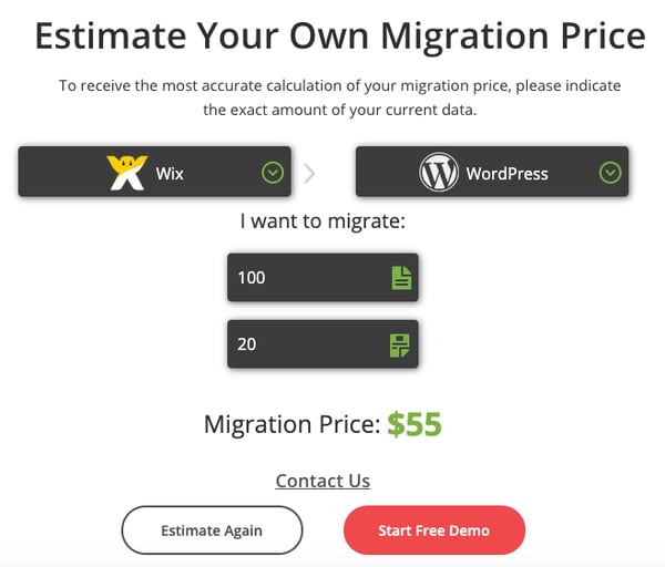 estimation of CMS2CMS service for converting Wix to wordPress