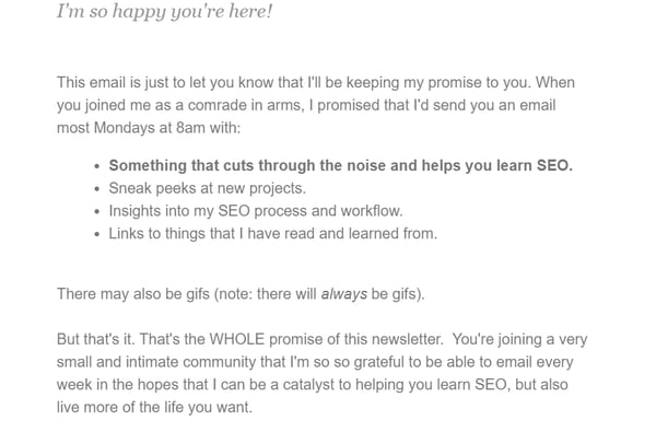 Welcome email example by SEO For the Rest of Us.