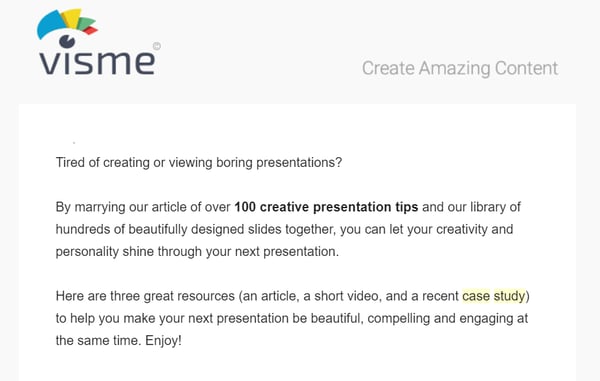 Consideration stage email example by Visme.