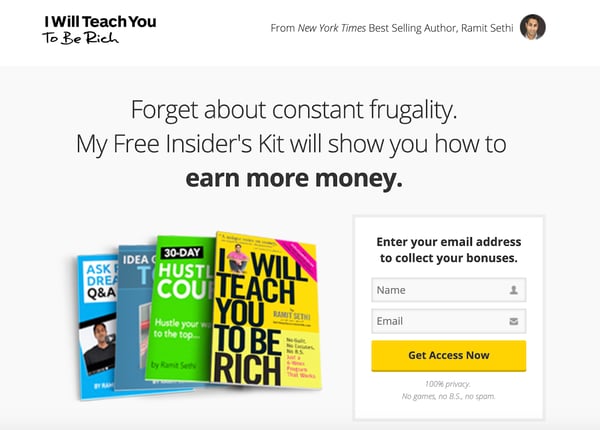 Ramit Sethi's squeeze page for her "free insider's kit"